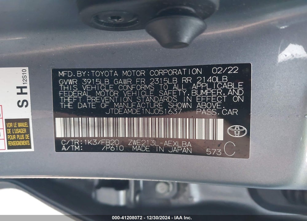 2022 TOYOTA COROLLA HYBRID LE VIN: JTDEAMDE1NJ051637