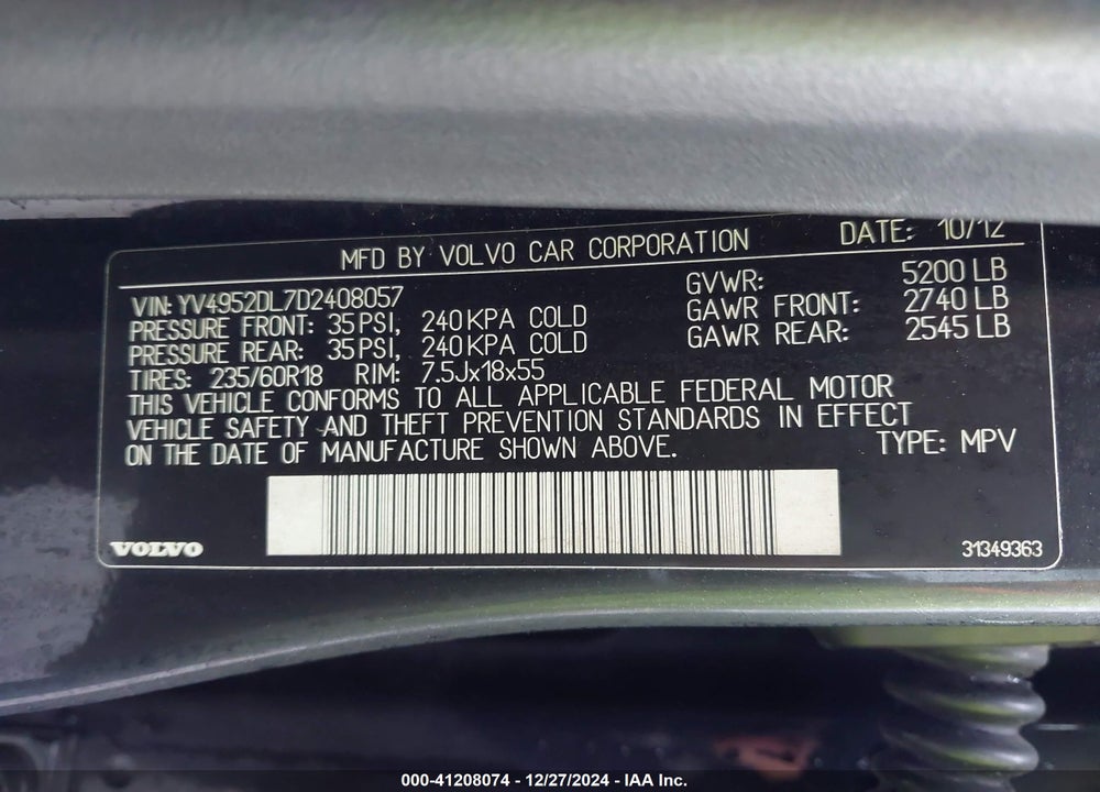 2013 VOLVO XC60 3.2/3.2 PLATINUM/3.2 PREMIER/3.2 PREMIER PLUS VIN: YV4952DL7D2408057