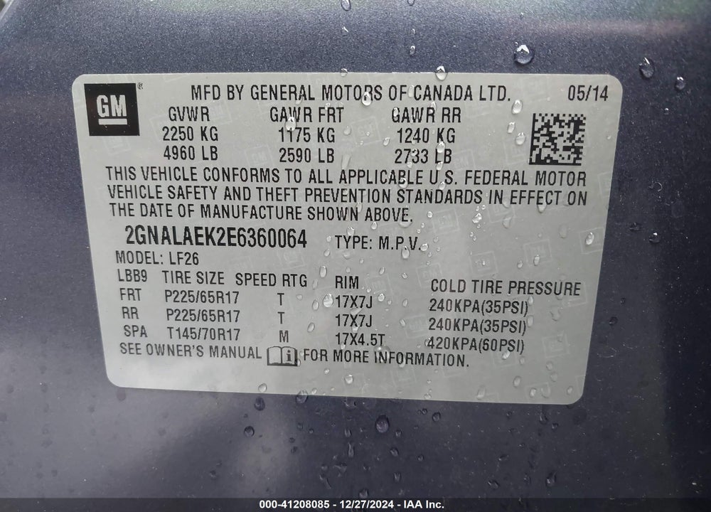 2014 CHEVROLET EQUINOX LS VIN: 2GNALAEK2E6360064