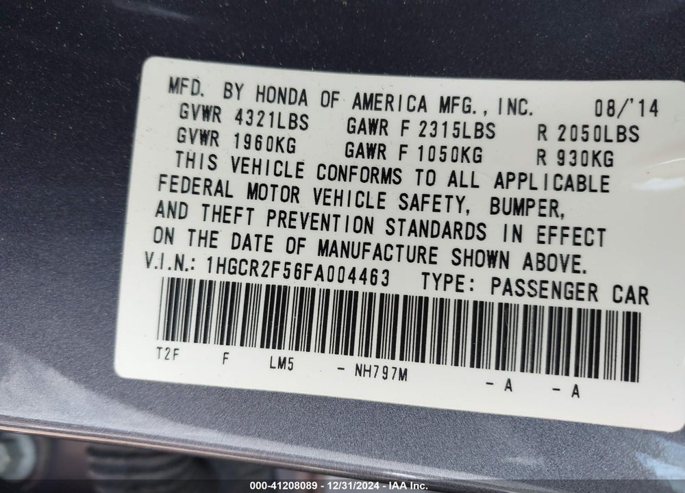 2015 HONDA ACCORD SPORT VIN: 1HGCR2F56FA004463