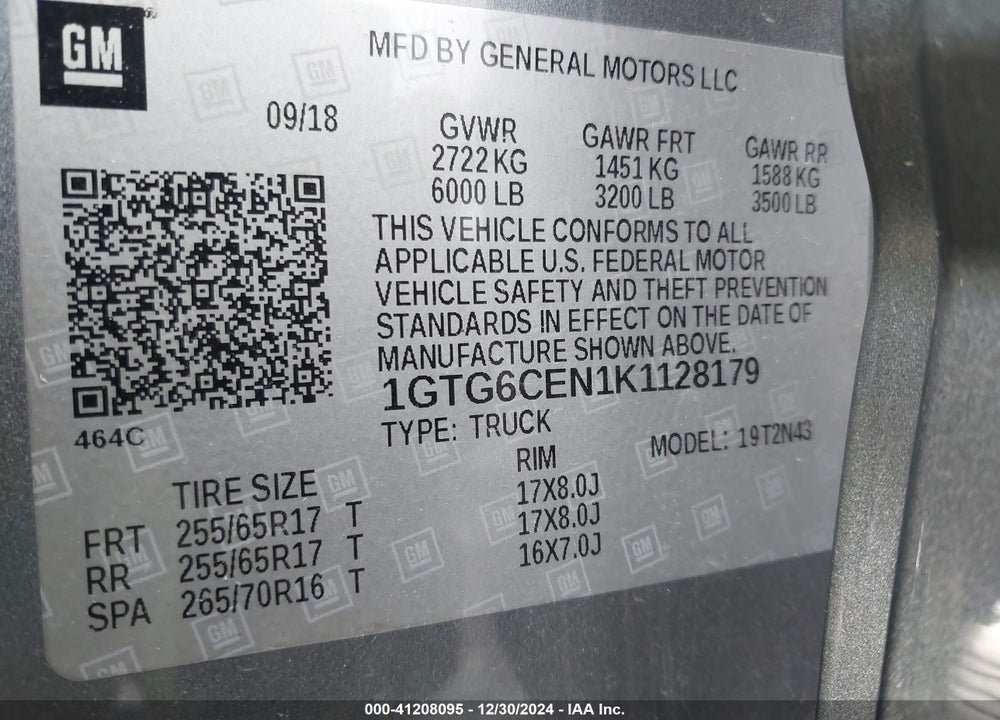 2019 GMC CANYON VIN: 1GTG6CEN1K1128179