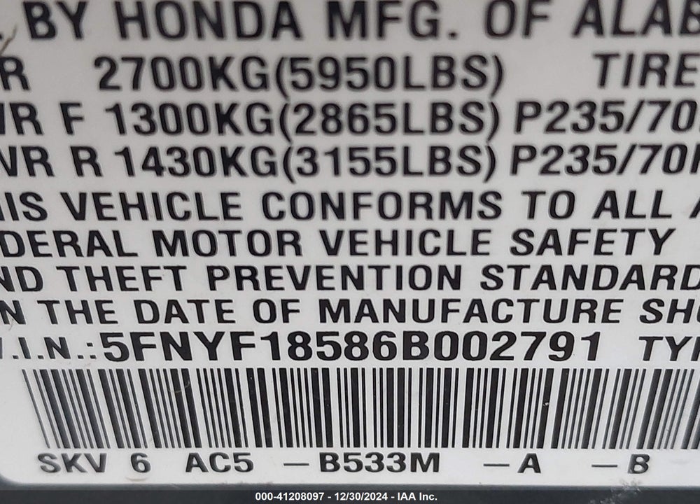 2006 HONDA PILOT EX-L VIN: 5FNYF18586B002791