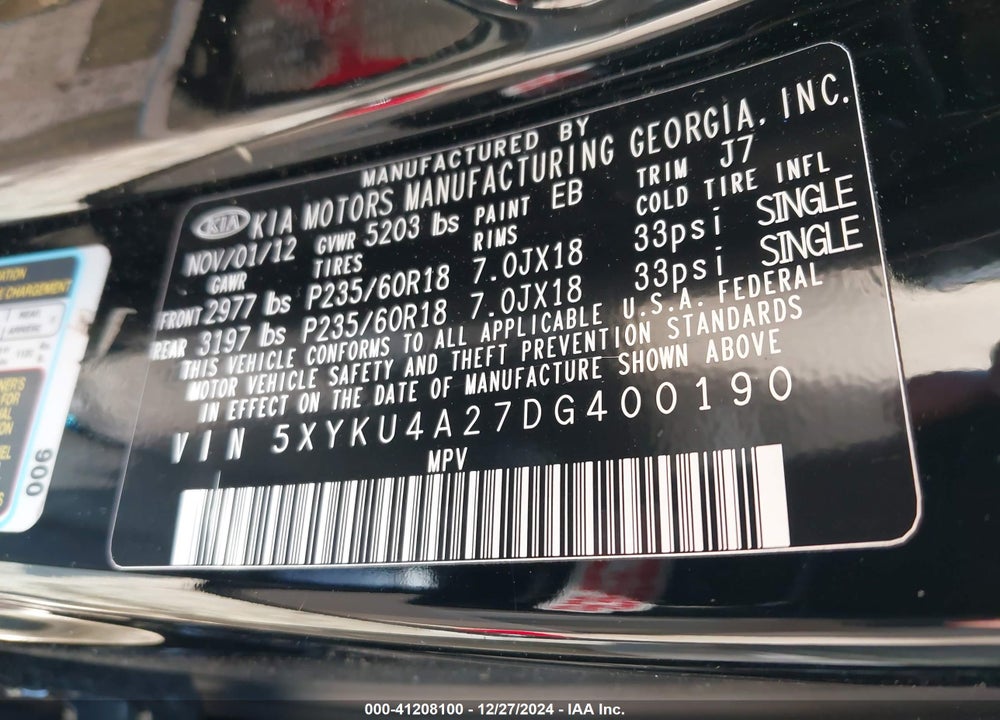 2013 KIA SORENTO EX V6 VIN: 5XYKU4A27DG400190