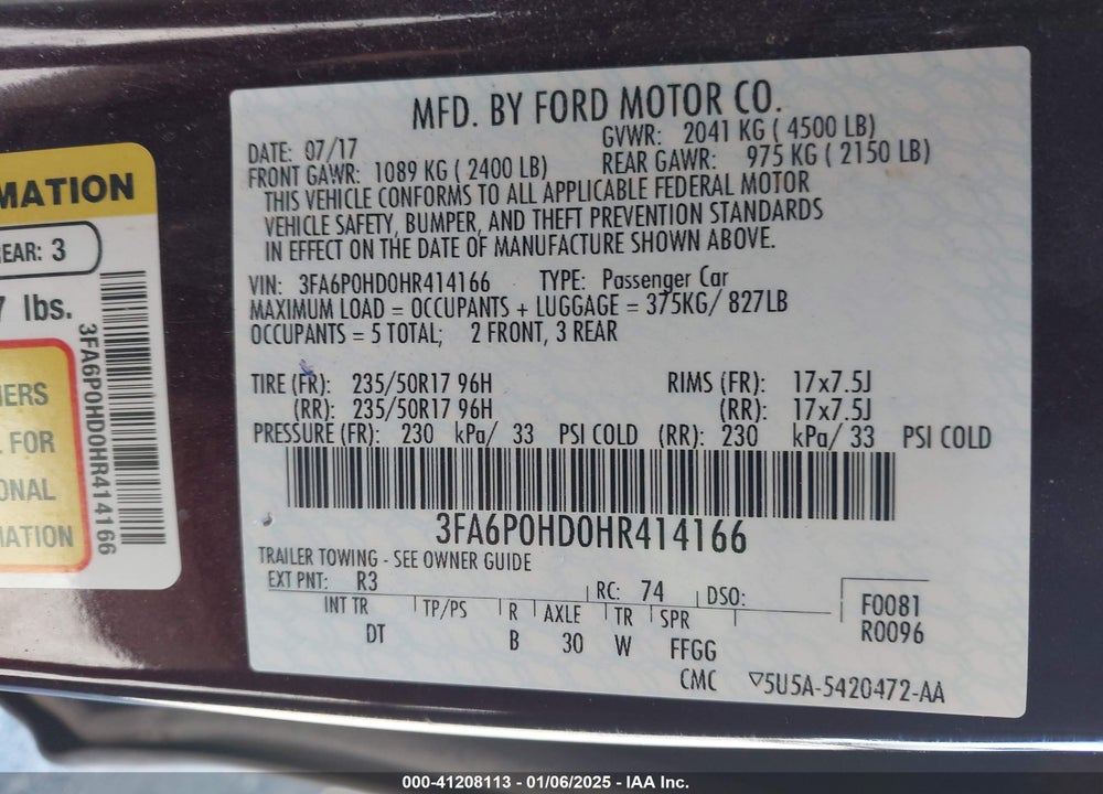 2017 FORD FUSION VIN: 3FA6P0HD0HR414166