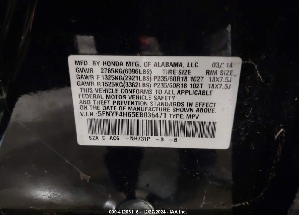 2014 HONDA PILOT EX-L VIN: 5FNYF4H65EB036471