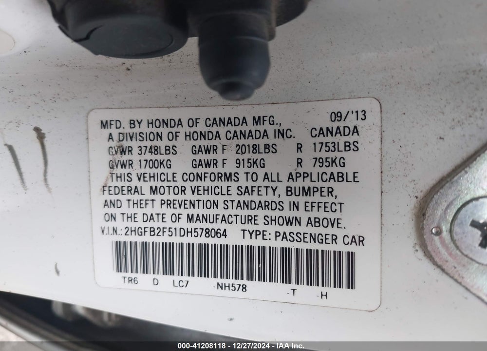 2013 HONDA CIVIC VIN: 2HGFB2F51DH578064