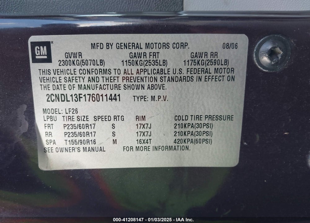 2007 CHEVROLET EQUINOX LS VIN: 2CNDL13F176011441
