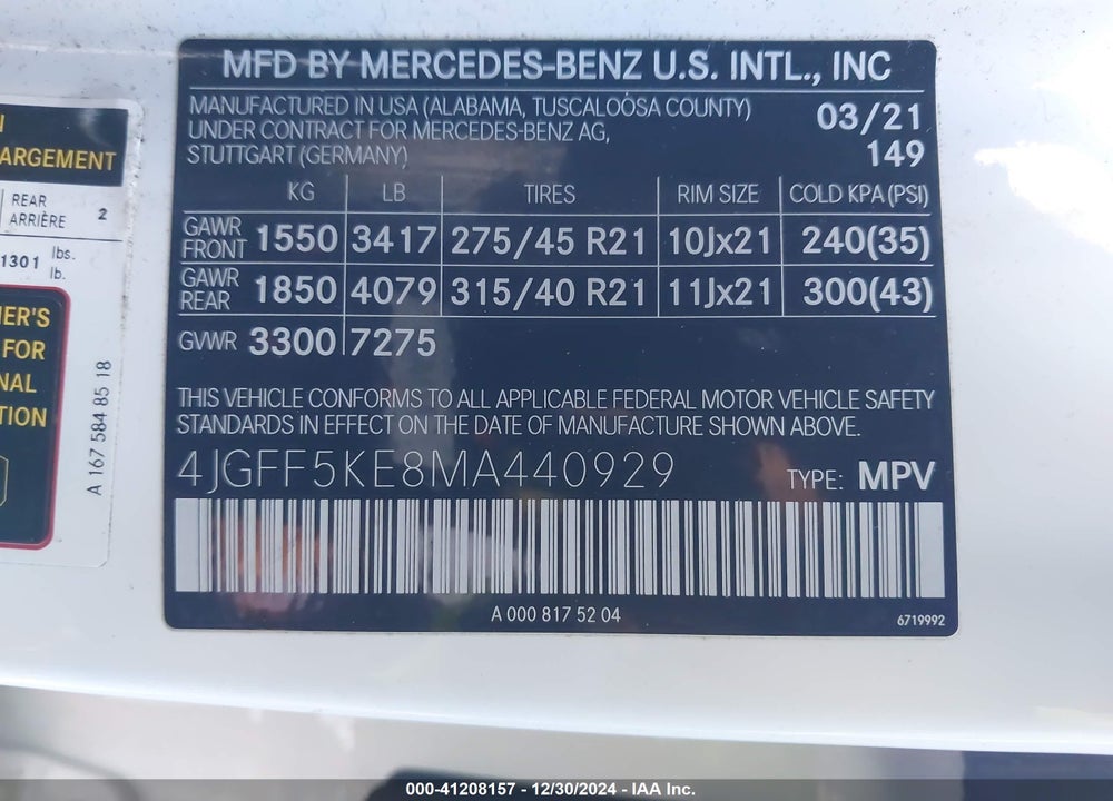2021 MERCEDES-BENZ GLS 450 4MATIC VIN: 4JGFF5KE8MA440929