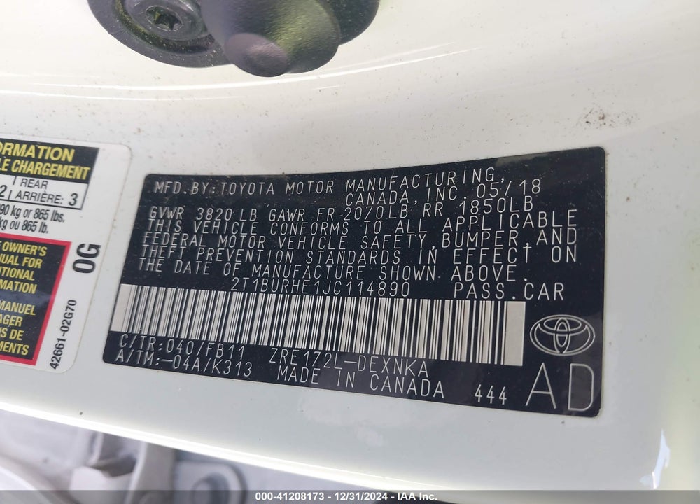 2018 TOYOTA COROLLA LE VIN: 2T1BURHE1JC114890