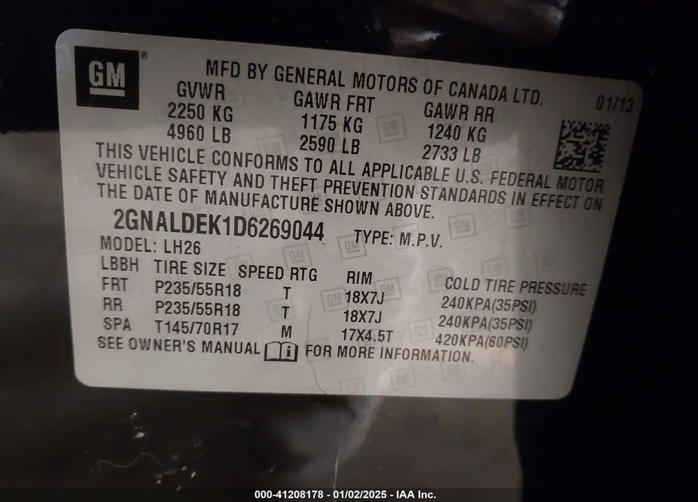 2013 CHEVROLET EQUINOX 1LT VIN: 2GNALDEK1D6269044