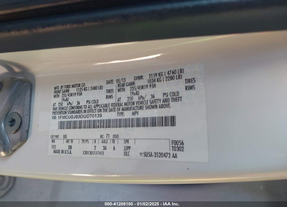 2013 FORD ESCAPE TITANIUM VIN: 1FMCU0J93DUD70139