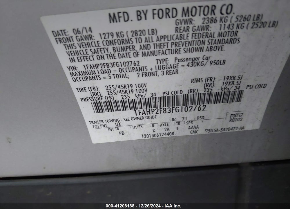 2015 FORD TAURUS VIN: 1FAHP2F83FG102762