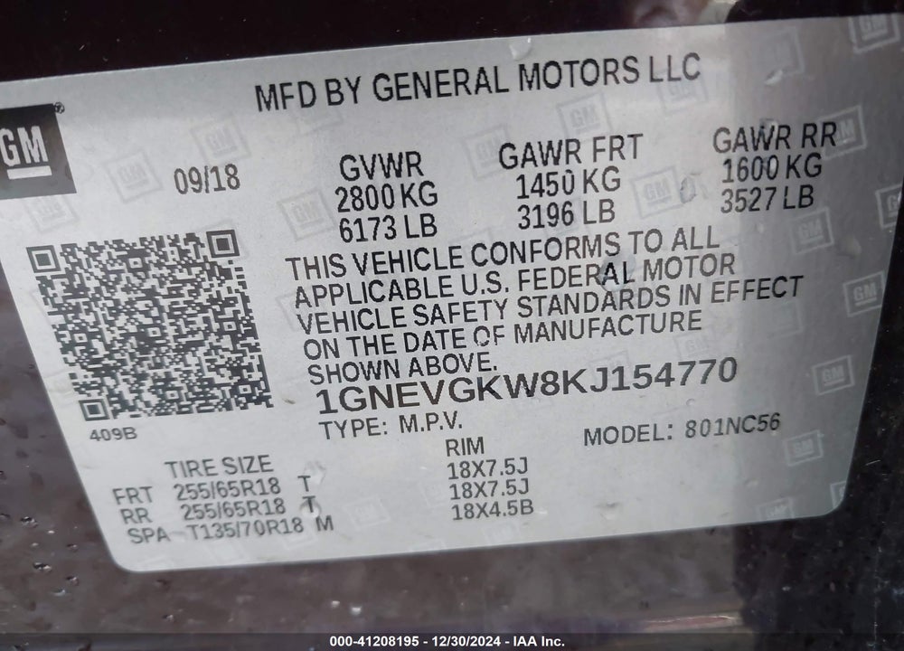 2019 CHEVROLET TRAVERSE 1LT VIN: 1GNEVGKW8KJ154770