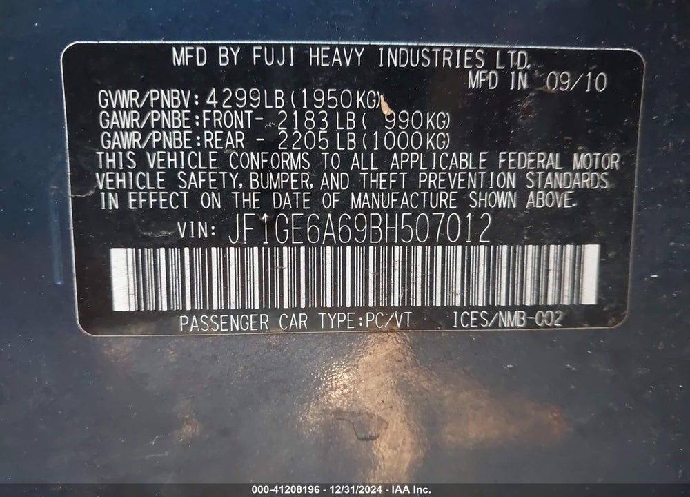 2011 SUBARU IMPREZA 2.5I VIN: JF1GE6A69BH507012