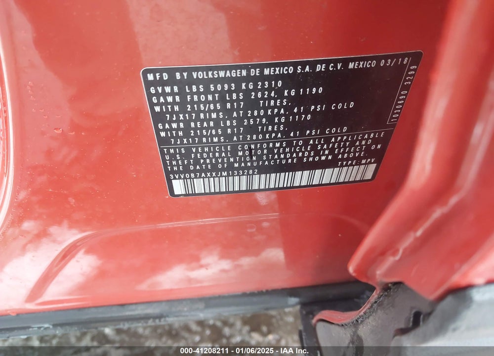 2018 VOLKSWAGEN TIGUAN 2.0T S VIN: 3VV0B7AXXJM133282