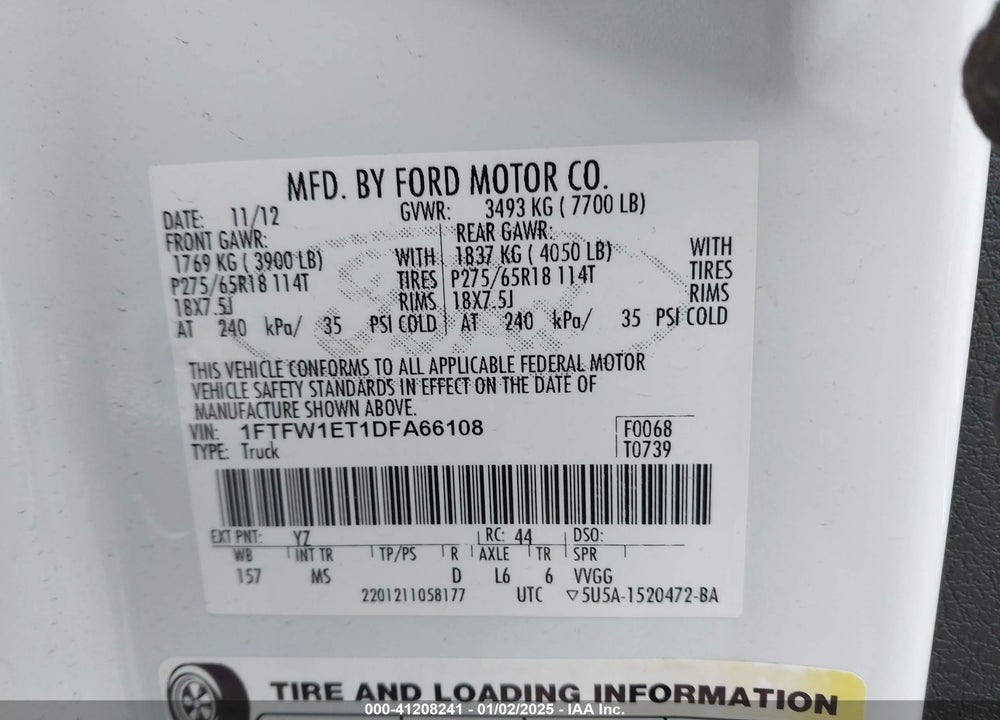 2013 FORD F-150 XLT VIN: 1FTFW1ET1DFA66108