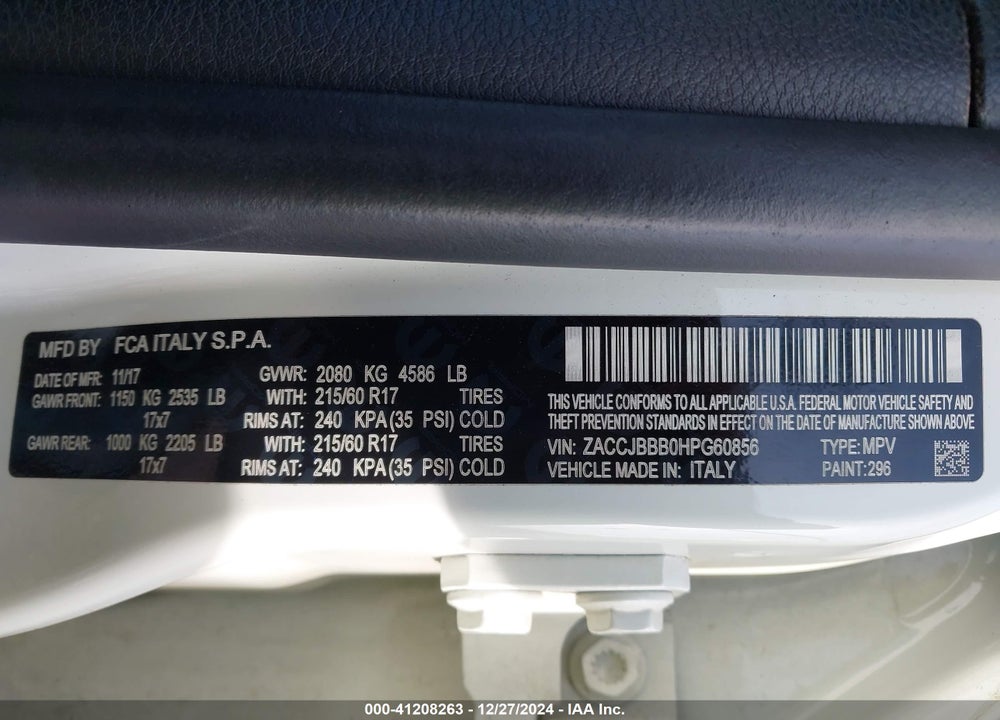 2017 JEEP RENEGADE LATITUDE VIN: ZACCJBBB0HPG60856