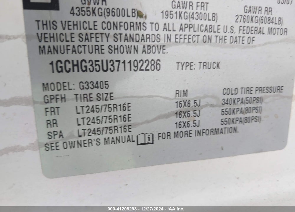 2007 CHEVROLET EXPRESS WORK VAN VIN: 1GCHG35U371192286