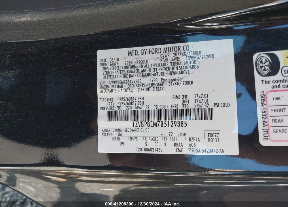 2011 FORD MUSTANG VIN: 1ZVBP8EM7B5129385