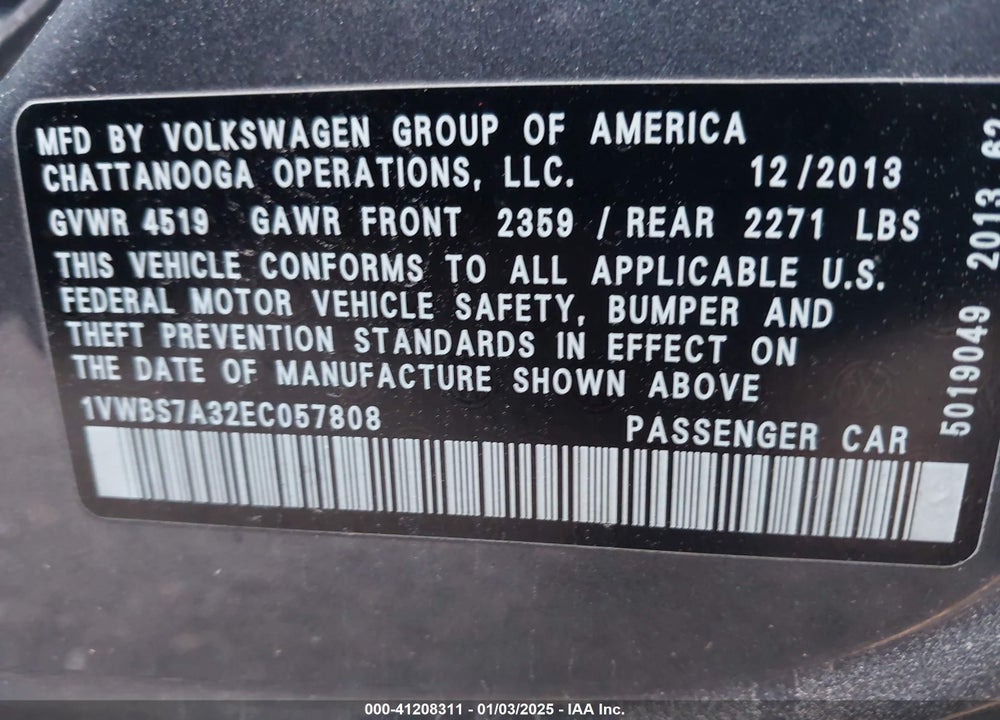 2014 VOLKSWAGEN PASSAT VIN: 1VWBS7A32EC057808