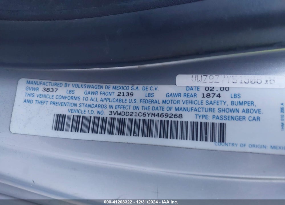 2000 VOLKSWAGEN NEW BEETLE GLX VIN: 3VWDD21C6YM469268
