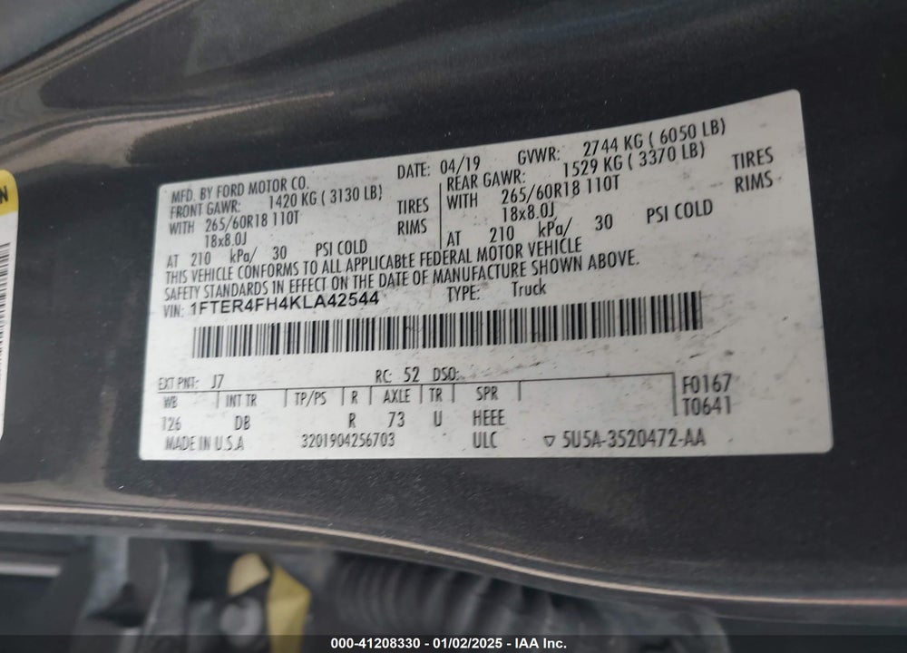 2019 FORD RANGER XL/XLT/LARIAT VIN: 1FTER4FH4KLA42544