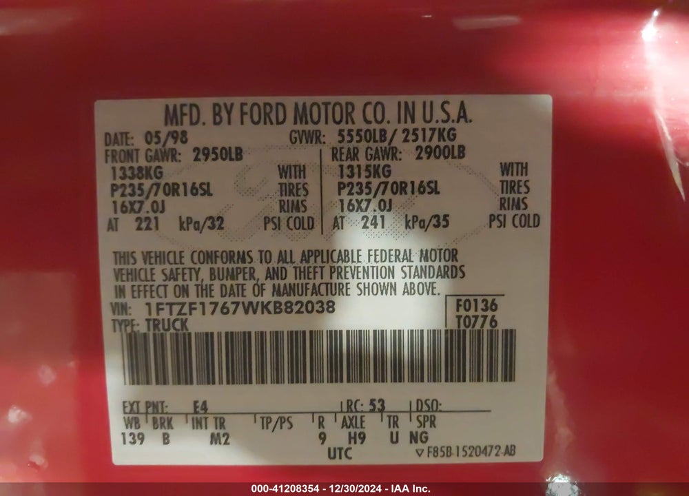 1998 FORD F-150 LARIAT/STANDARD/XL/XLT VIN: 1FTZF1767WKB82038