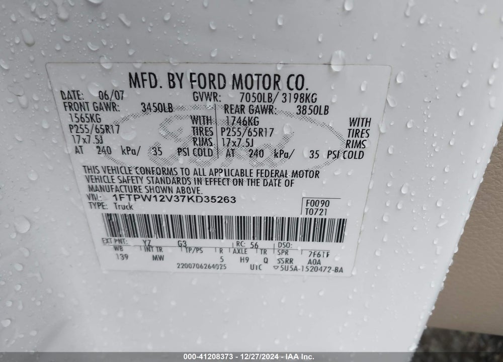 2007 FORD F150 SUPERCREW VIN: 1FTPW12V37KD35263