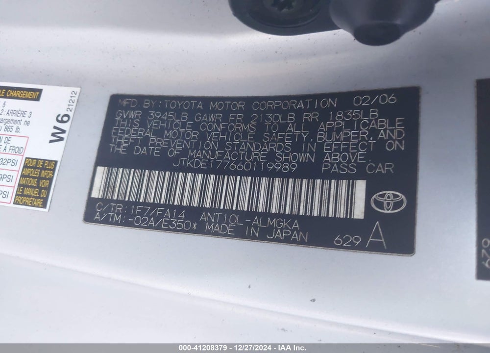 2006 SCION TC VIN: JTKDE177660119989