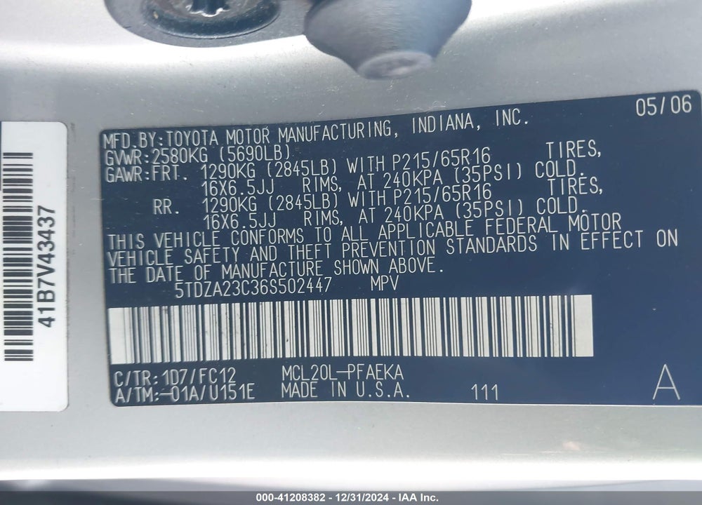 2006 TOYOTA SIENNA CE/LE VIN: 5TDZA23C36S502447