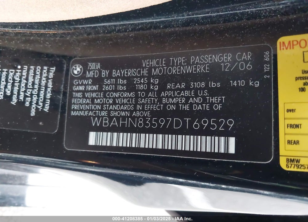 2007 BMW 750LI VIN: WBAHN83597DT69529
