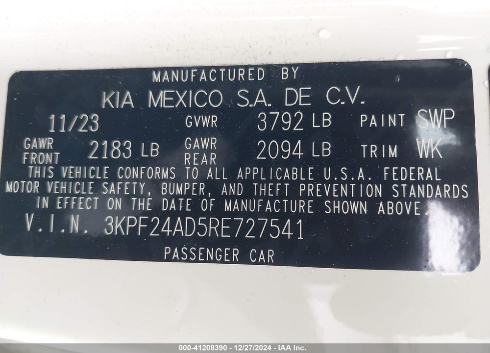 2024 KIA FORTE LXS VIN: 3KPF24AD5RE727541