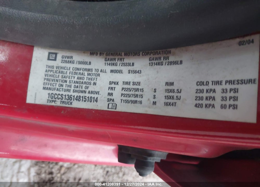 2004 CHEVROLET COLORADO VIN: 1GCCS136148151014