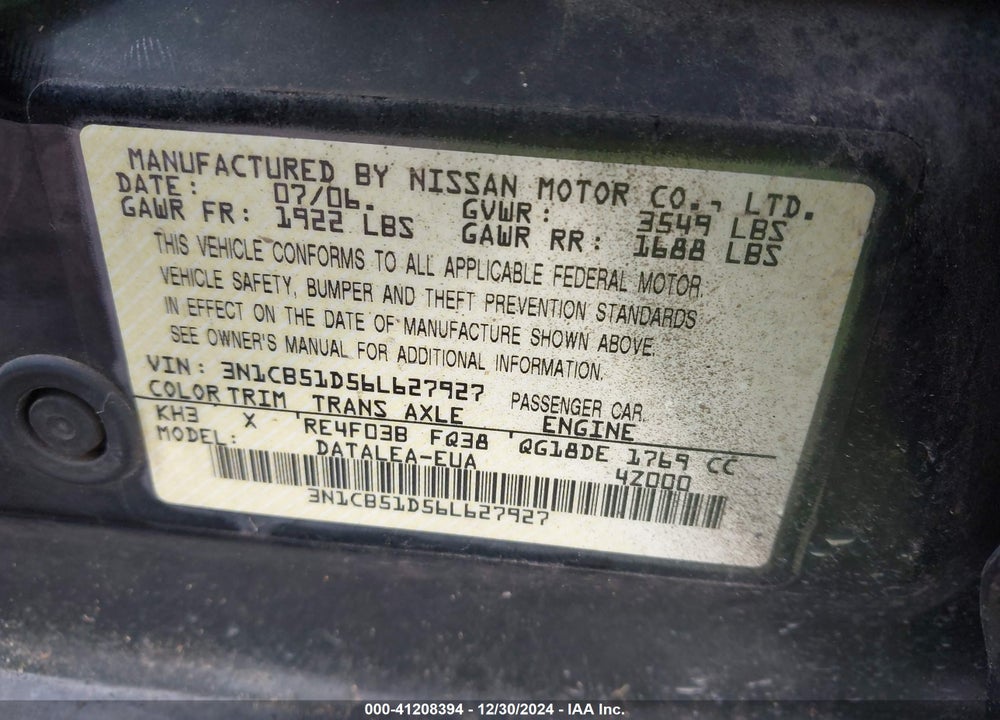 2006 NISSAN SENTRA 1.8/1.8S VIN: 3N1CB51D56L627927