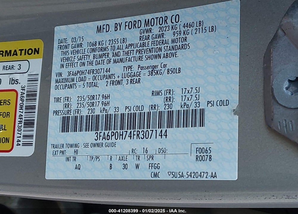 2015 FORD FUSION SE VIN: 3FA6P0H74FR307144