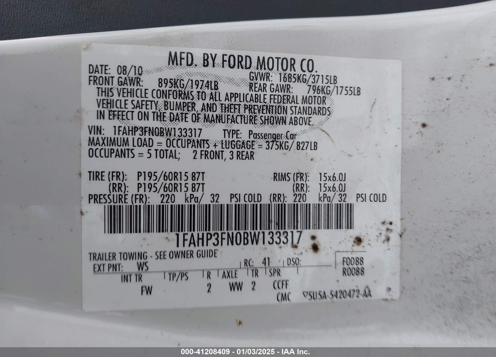 2011 FORD FOCUS SE VIN: 1FAHP3FN0BW133317