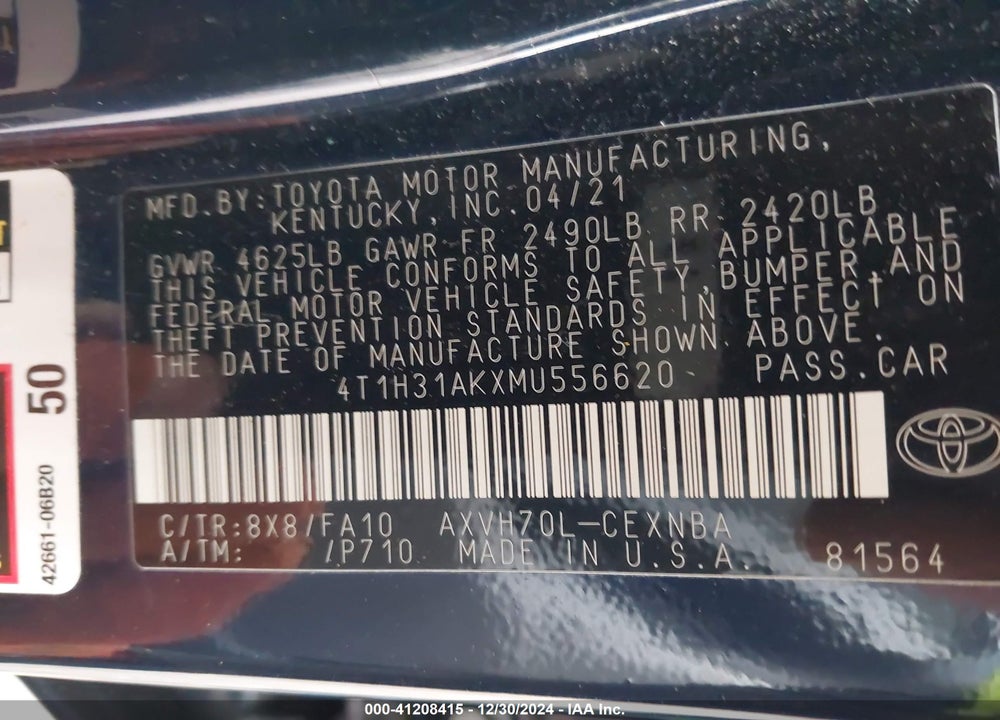 2021 TOYOTA CAMRY VIN: 4T1H31AKXMU556620
