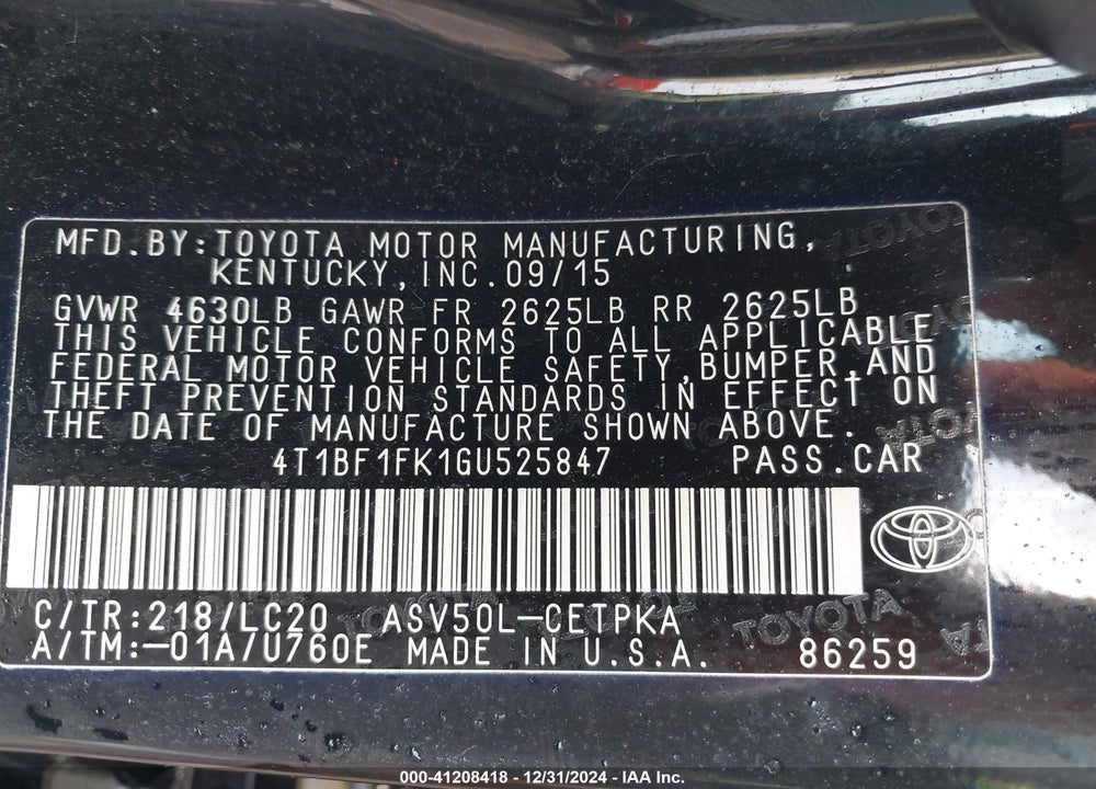 2016 TOYOTA CAMRY VIN: 4T1BF1FK1GU525847