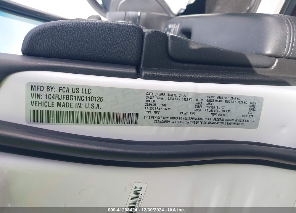 2022 JEEP GRAND CHEROKEE LIMITED VIN: 1C4RJFBG1NC110126