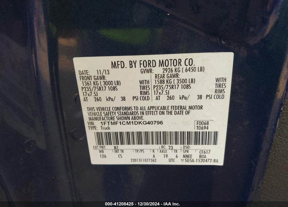 2013 FORD F150 VIN: 1FTMF1CM1DKG40796