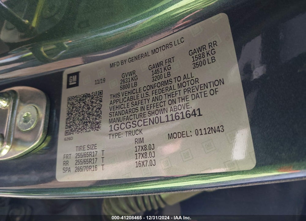 2020 CHEVROLET COLORADO VIN: 1GCGSCEN0L1161641