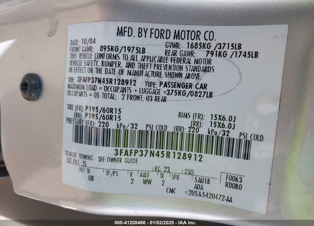 2005 FORD FOCUS ZX5 VIN: 3FAFP37N45R128912