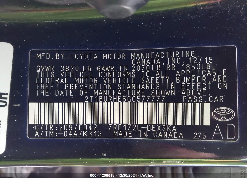 2016 TOYOTA COROLLA VIN: 2T1BURHE6GC577777