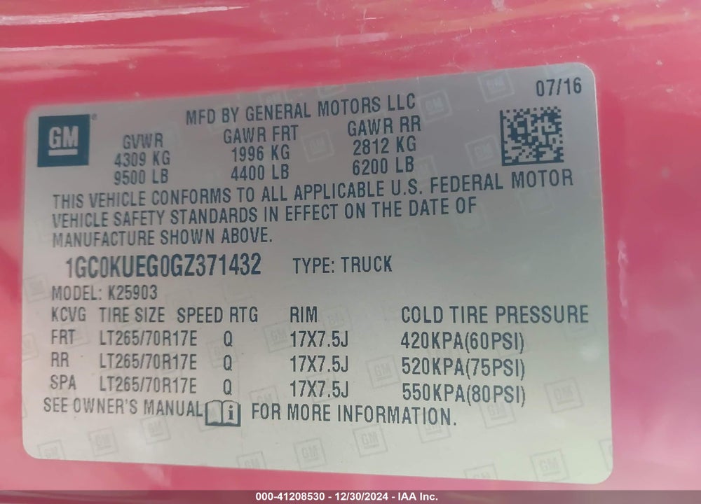 2016 CHEVROLET SILVERADO 2500HD VIN: 1GC0KUEG0GZ371432