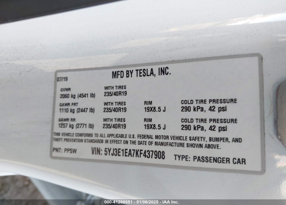 2019 TESLA MODEL 3 VIN: 5YJ3E1EA7KF437908