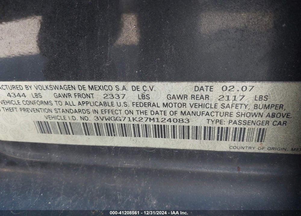 2007 VOLKSWAGEN JETTA VIN: 3VWGG71K27M124083