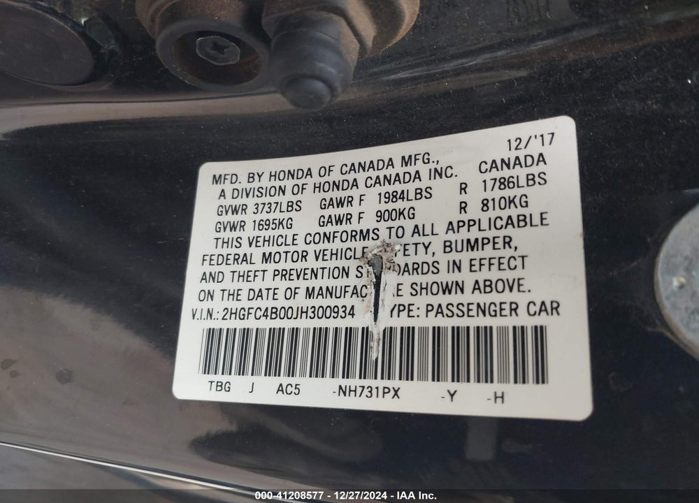 2018 HONDA CIVIC VIN: 2HGFC4B00JH300934