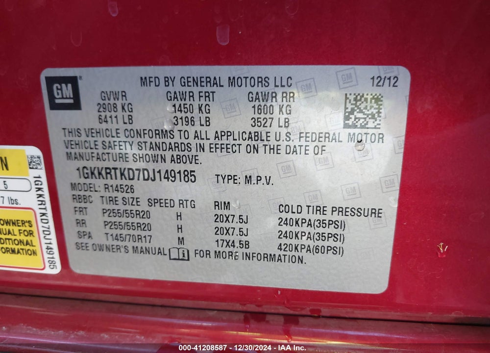 2013 GMC ACADIA DENALI VIN: 1GKKRTKD7DJ149185