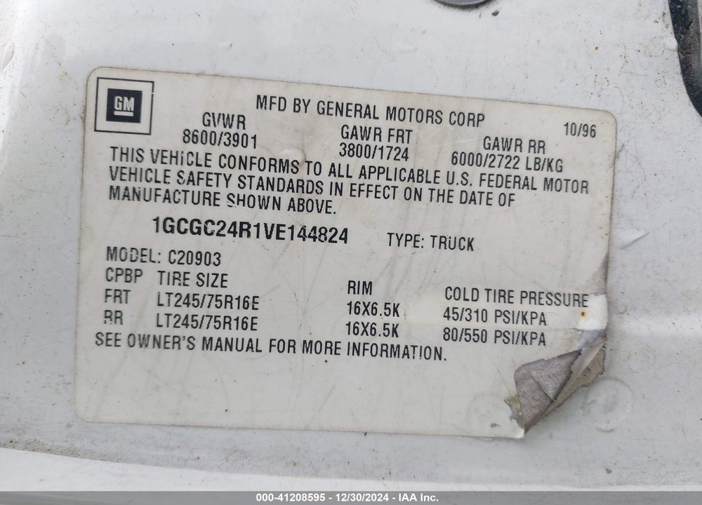 1997 CHEVROLET GMT-400 C2500 VIN: 1GCGC24R1VE144824