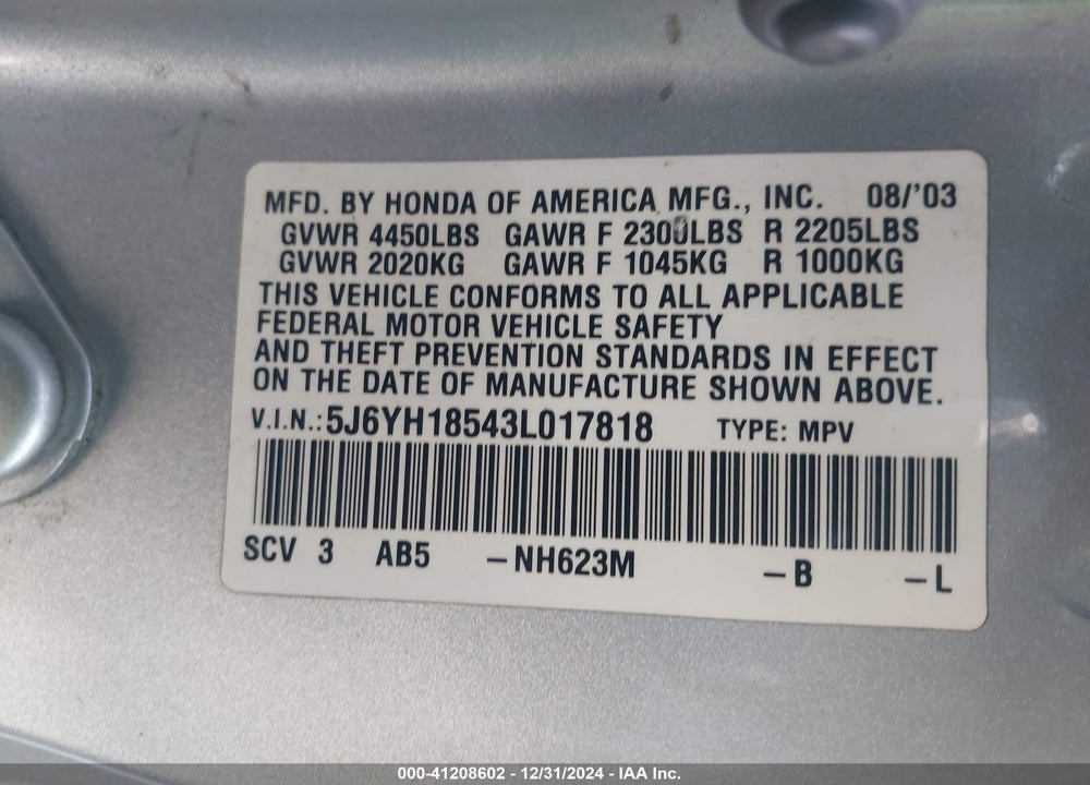 2003 HONDA ELEMENT EX VIN: 5J6YH18543L017818
